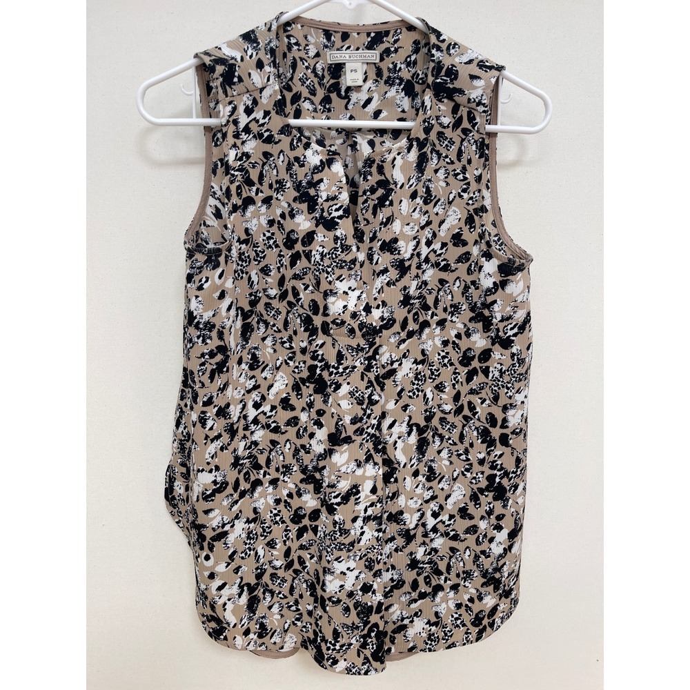 Dana Buchman Tan Black Floral Sleeveless Blouse Petite Small PS Split V-Neck Top